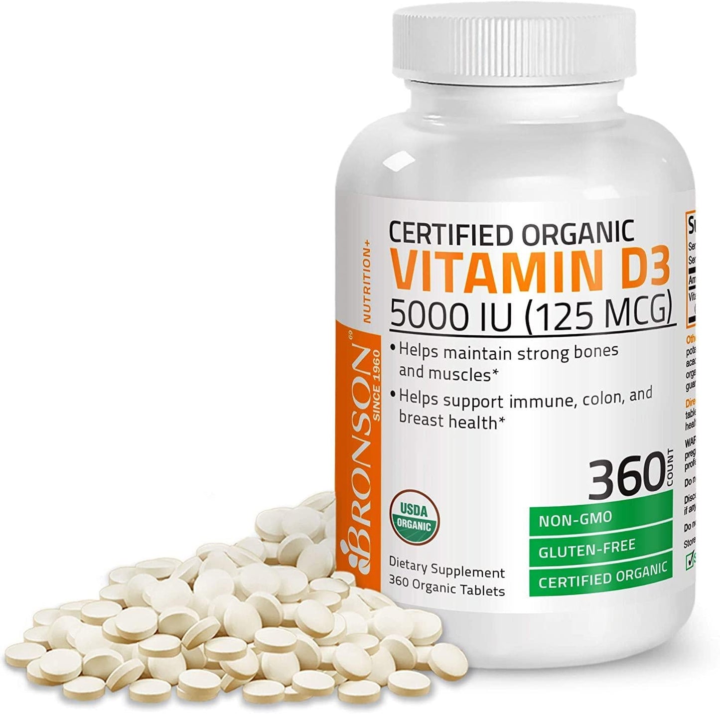 High Potency Vitamin D3 5,000 IU for Healthy Muscle Function, Bone Health and Immune Support, Organic Vitamin D Supplement, Non-GMO Formula, 360 Tablets