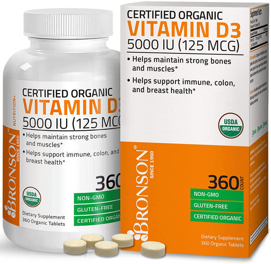 High Potency Vitamin D3 5,000 IU for Healthy Muscle Function, Bone Health and Immune Support, Organic Vitamin D Supplement, Non-GMO Formula, 360 Tablets