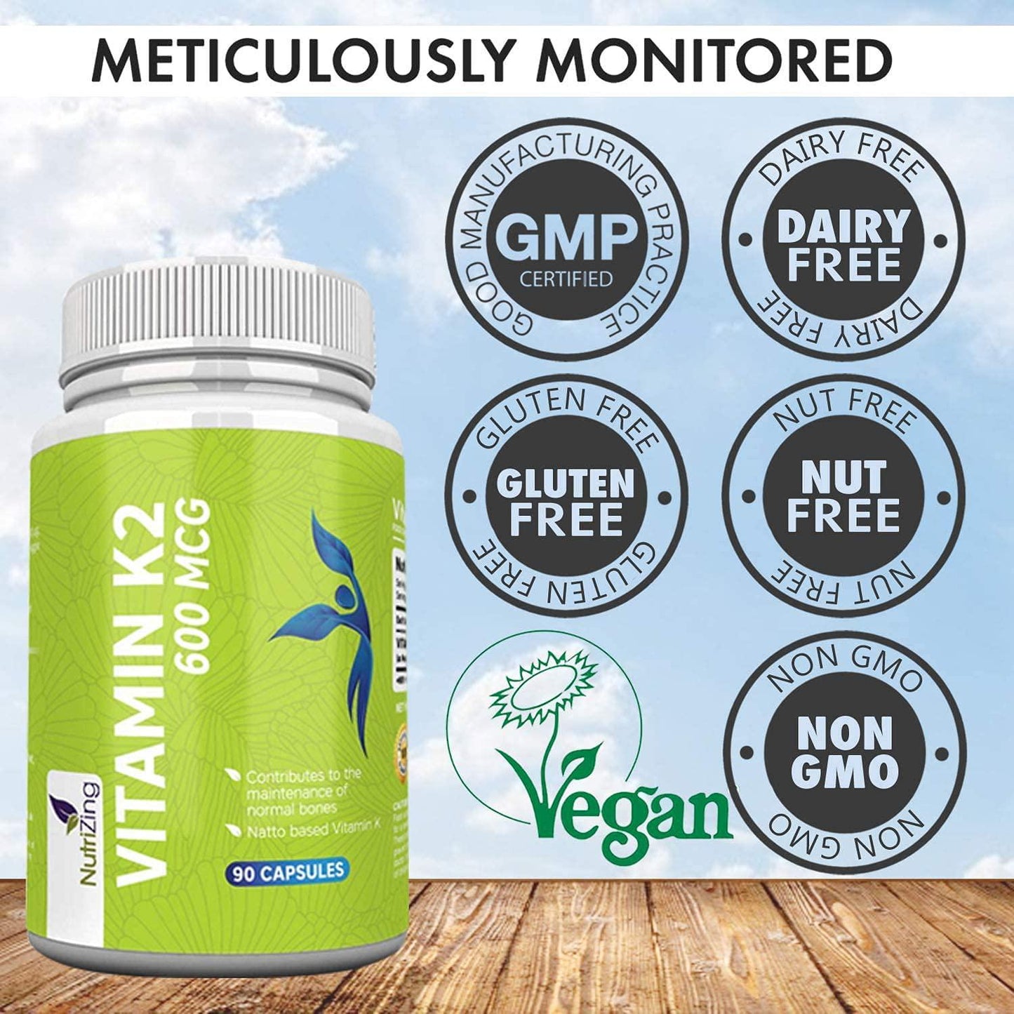 High Strength Vitamin K2 Supplement - 600mcg Vegan Vitamin K - 90 Capsules - Premium Source of VIT K2 MK7 by NutriZing - Non-GMO, No Gluten - Supports Bone Health*