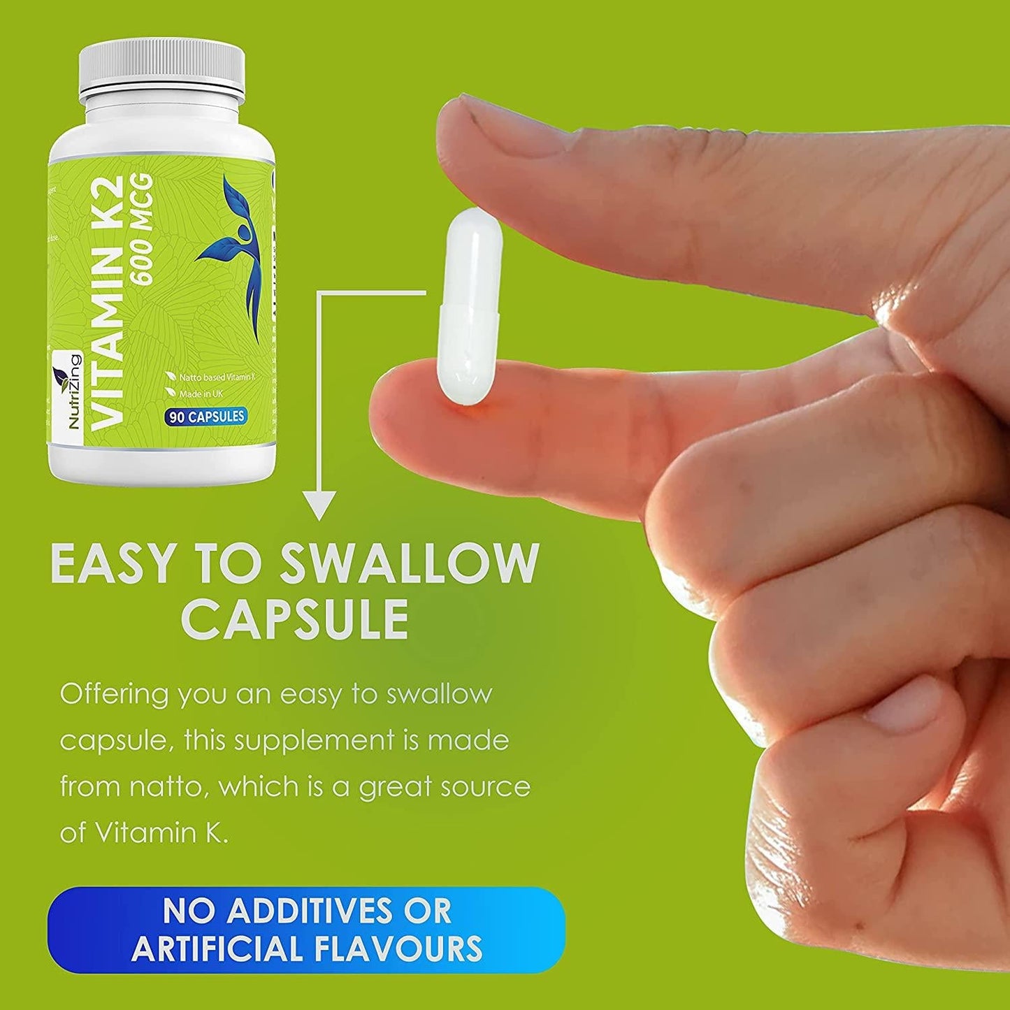 High Strength Vitamin K2 Supplement - 600mcg Vegan Vitamin K - 90 Capsules - Premium Source of VIT K2 MK7 by NutriZing - Non-GMO, No Gluten - Supports Bone Health*