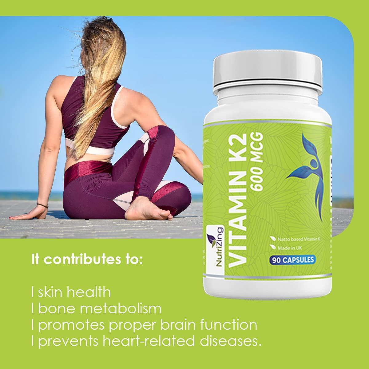 High Strength Vitamin K2 Supplement - 600mcg Vegan Vitamin K - 90 Capsules - Premium Source of VIT K2 MK7 by NutriZing - Non-GMO, No Gluten - Supports Bone Health*