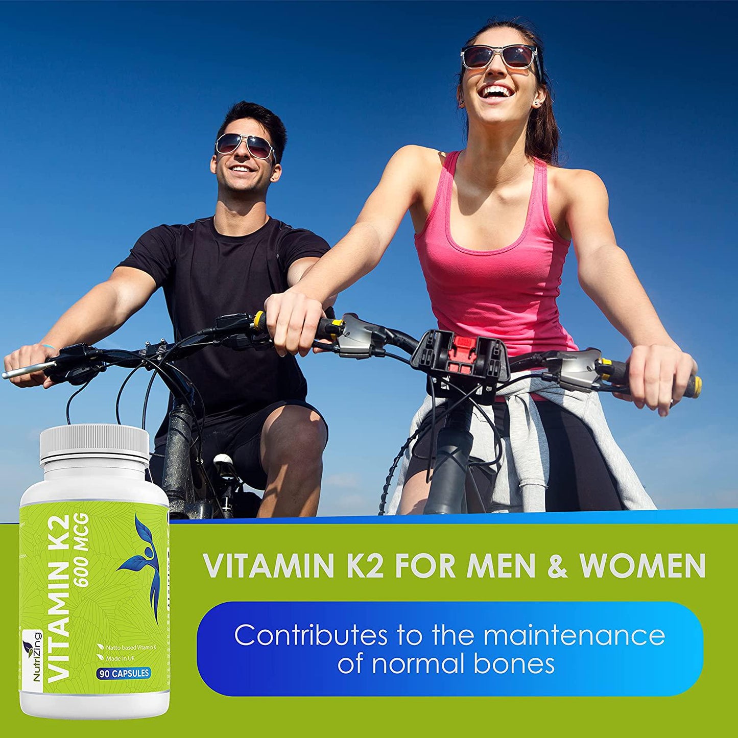 High Strength Vitamin K2 Supplement - 600mcg Vegan Vitamin K - 90 Capsules - Premium Source of VIT K2 MK7 by NutriZing - Non-GMO, No Gluten - Supports Bone Health*