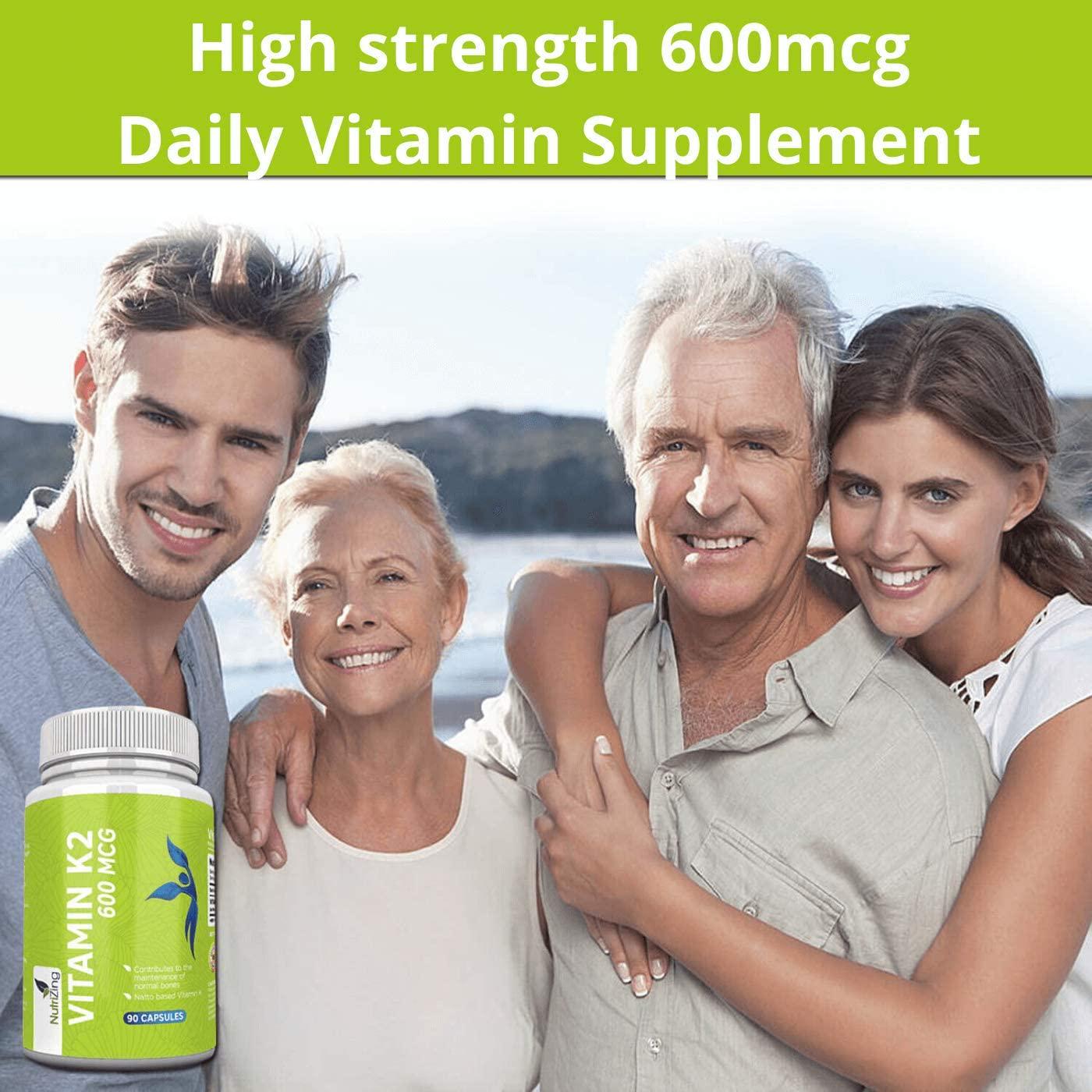 High Strength Vitamin K2 Supplement - 600mcg Vegan Vitamin K - 90 Capsules - Premium Source of VIT K2 MK7 by NutriZing - Non-GMO, No Gluten - Supports Bone Health*