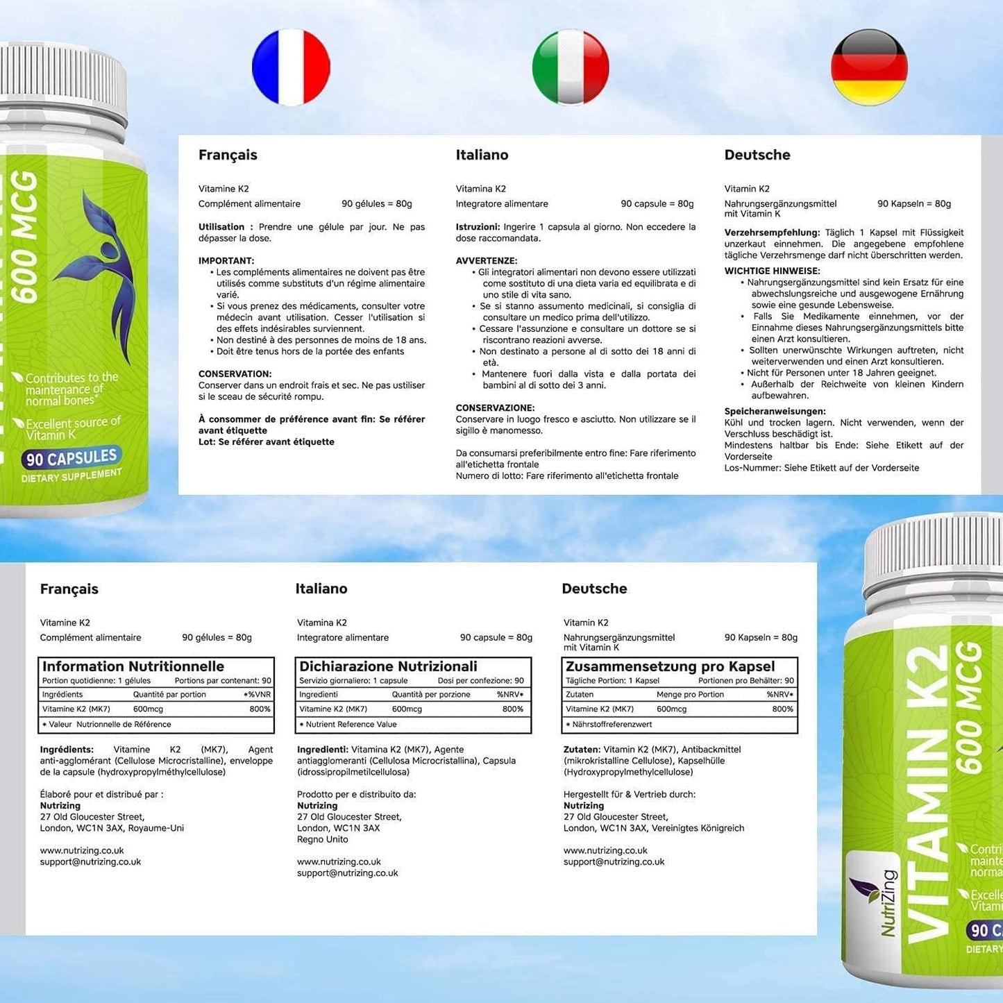 High Strength Vitamin K2 Supplement - 600mcg Vegan Vitamin K - 90 Capsules - Premium Source of VIT K2 MK7 by NutriZing - Non-GMO, No Gluten - Supports Bone Health*