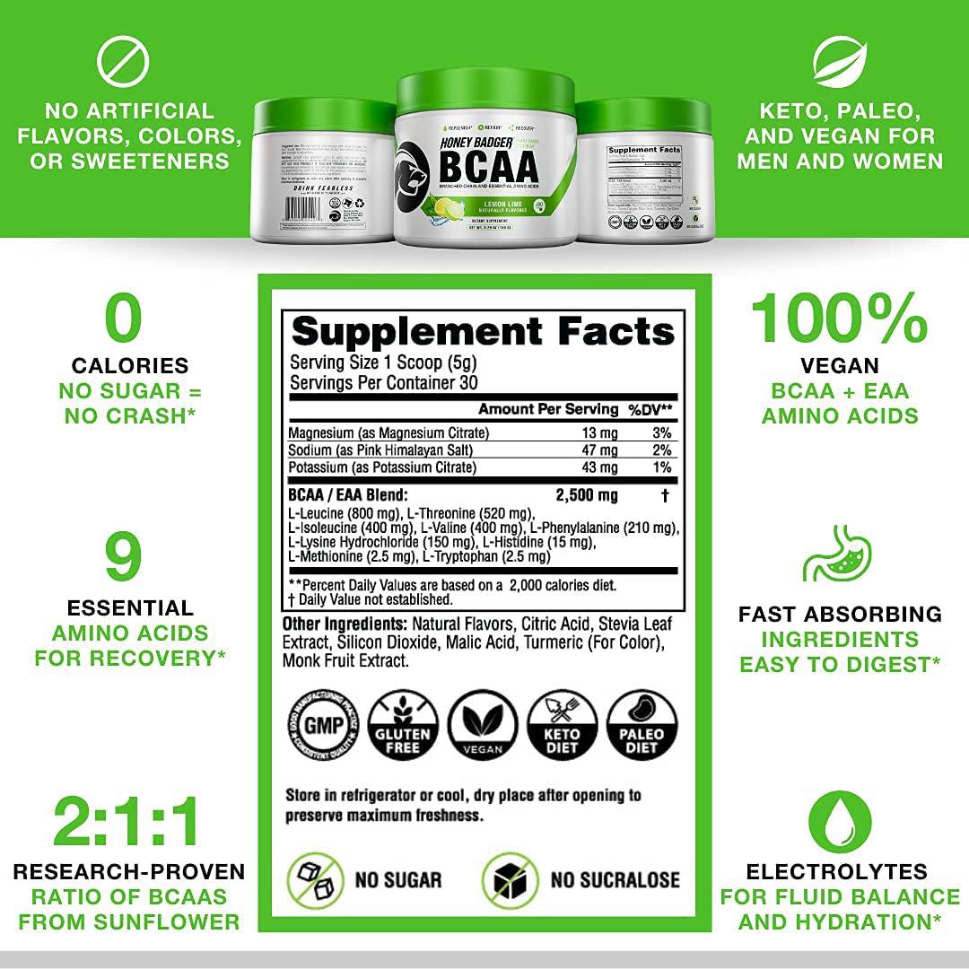 Honey Badger Pre Workout Powder and BCAA Amino Acids Powder Bundle | Beta Alanine, Caffeine and Vitamin C + Electrolytes | Vegan Keto Sugar Free and Paleo for Men and Women | 30 Servings (Lemon Lime)