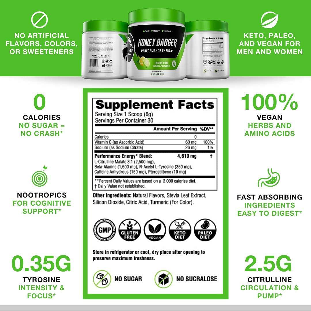 Honey Badger Pre Workout Powder and BCAA Amino Acids Powder Bundle | Beta Alanine, Caffeine and Vitamin C + Electrolytes | Vegan Keto Sugar Free and Paleo for Men and Women | 30 Servings (Lemon Lime)