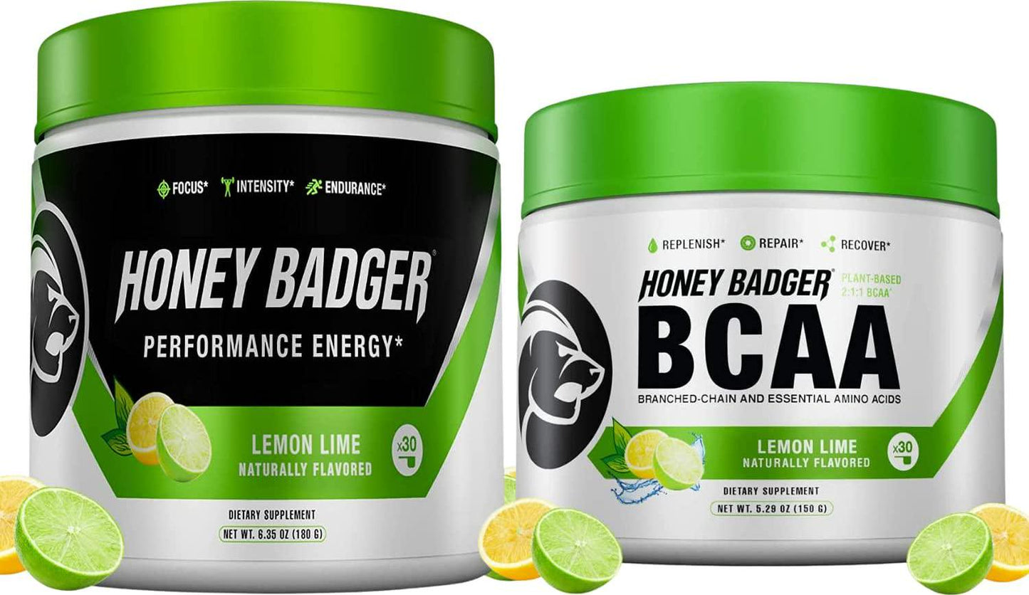 Honey Badger Pre Workout Powder and BCAA Amino Acids Powder Bundle | Beta Alanine, Caffeine and Vitamin C + Electrolytes | Vegan Keto Sugar Free and Paleo for Men and Women | 30 Servings (Lemon Lime)