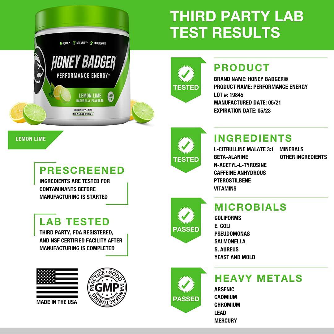 Honey Badger Pre Workout Powder and BCAA Amino Acids Powder Bundle | Beta Alanine, Caffeine and Vitamin C + Electrolytes | Vegan Keto Sugar Free and Paleo for Men and Women | 30 Servings (Lemon Lime)