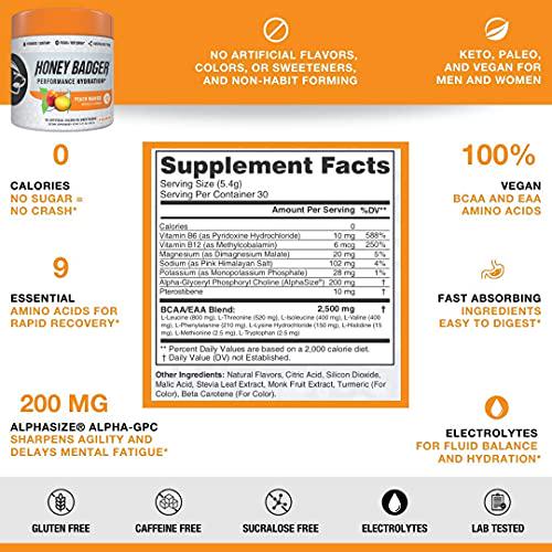 Honey Badger Vegan Keto Pre Workout and Hydration | Peach Mango | Natural Paleo Sugar Free Pump Energy Supplement Nootropics Amino Acids Nitric Oxide Sucralose Free + Non-Habit Forming | 30 Servings