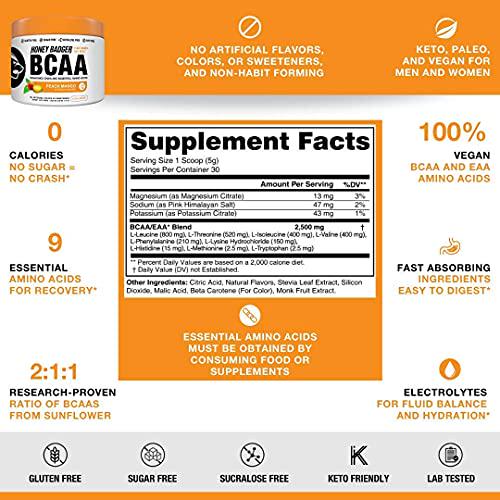 Honey Badger Vegan Keto Pre Workout and BCAA | Peach Mango | Natural Paleo Sugar Free Pump Energy Supplement Nootropics Amino Acids Nitric Oxide Sucralose Free + Non-Habit Forming | 30 Servings