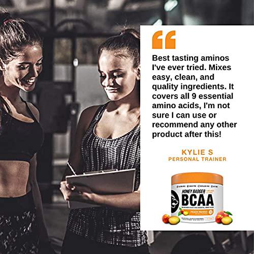 Honey Badger Vegan Keto Pre Workout and BCAA | Peach Mango | Natural Paleo Sugar Free Pump Energy Supplement Nootropics Amino Acids Nitric Oxide Sucralose Free + Non-Habit Forming | 30 Servings