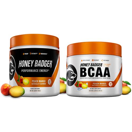 Honey Badger Vegan Keto Pre Workout and BCAA | Peach Mango | Natural Paleo Sugar Free Pump Energy Supplement Nootropics Amino Acids Nitric Oxide Sucralose Free + Non-Habit Forming | 30 Servings