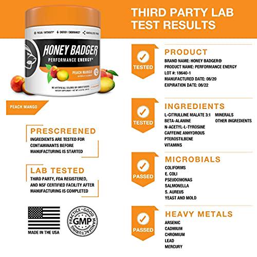 Honey Badger Vegan Keto Pre Workout and BCAA | Peach Mango | Natural Paleo Sugar Free Pump Energy Supplement Nootropics Amino Acids Nitric Oxide Sucralose Free + Non-Habit Forming | 30 Servings