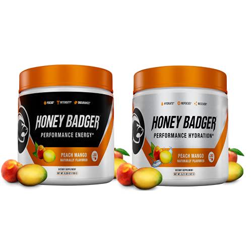 Honey Badger Vegan Keto Pre Workout and Hydration | Peach Mango | Natural Paleo Sugar Free Pump Energy Supplement Nootropics Amino Acids Nitric Oxide Sucralose Free + Non-Habit Forming | 30 Servings