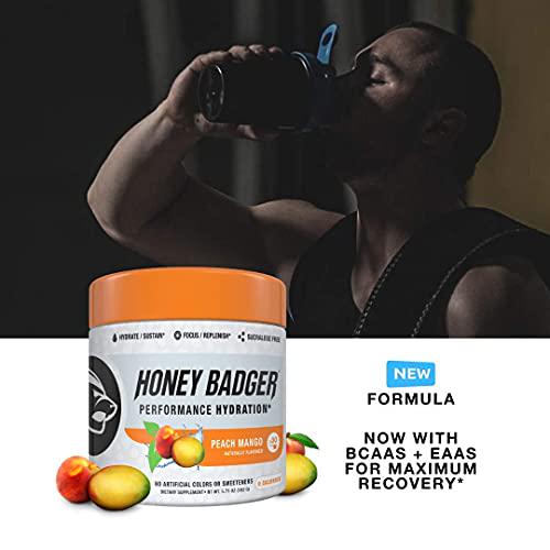Honey Badger Vegan Keto Pre Workout and Hydration | Peach Mango | Natural Paleo Sugar Free Pump Energy Supplement Nootropics Amino Acids Nitric Oxide Sucralose Free + Non-Habit Forming | 30 Servings