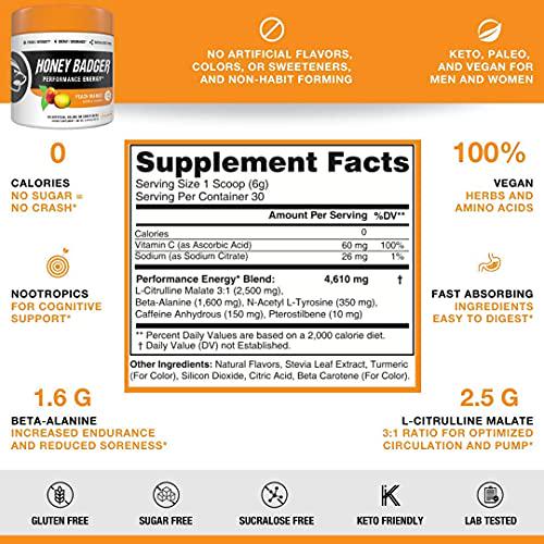 Honey Badger Vegan Keto Pre Workout and BCAA | Peach Mango | Natural Paleo Sugar Free Pump Energy Supplement Nootropics Amino Acids Nitric Oxide Sucralose Free + Non-Habit Forming | 30 Servings