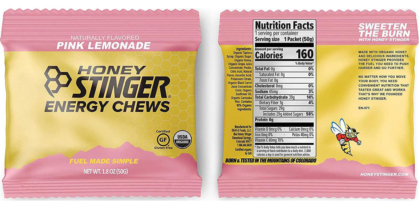 Honey Stinger Organic Energy Chews Variety Pack with Sticker 8 Count Chewy Gummy Energy Source for Any Activity - Pink Lemonade, Fruit Smoothie, Pomegranate Passionfruit and Cherry Blossom