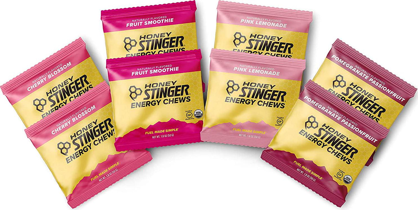 Honey Stinger Organic Energy Chews Variety Pack with Sticker 8 Count Chewy Gummy Energy Source for Any Activity - Pink Lemonade, Fruit Smoothie, Pomegranate Passionfruit and Cherry Blossom