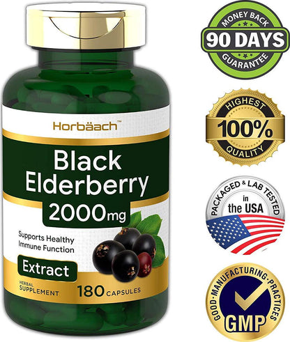 Horbaach Black Elderberry 2000 mg 180 Capsules | Immune Support | Non-GMO, Gluten Free | Sambucus Herbal Extract Supplement