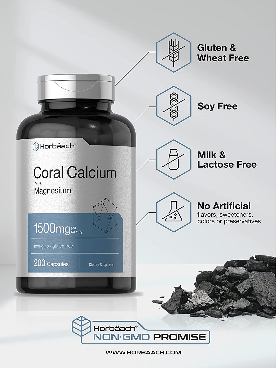 Horbaach Coral Calcium 1500mg 200 Capsules | Plus Magnesium | Non-GMO, Gluten Free Supplement | Supports Bone Health