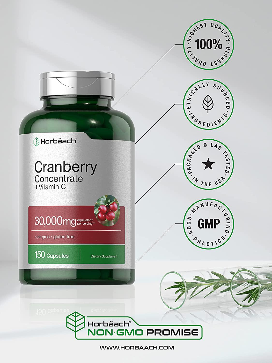 Horbaach Cranberry (30,000 mg) + Vitamin C 150 Capsules | Triple Strength Ultimate Potency | Non-GMO, Gluten Free Cranberry Pills Supplement from Concentrate Extract