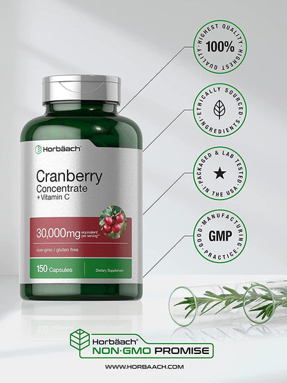 Horbaach Cranberry (30,000 mg) + Vitamin C 150 Capsules | Triple Strength Ultimate Potency | Non-GMO, Gluten Free Cranberry Pills Supplement from Concentrate Extract