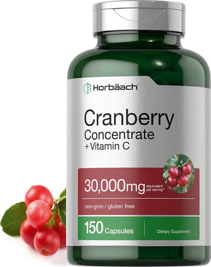 Horbaach Cranberry (30,000 mg) + Vitamin C 150 Capsules | Triple Strength Ultimate Potency | Non-GMO, Gluten Free Cranberry Pills Supplement from Concentrate Extract