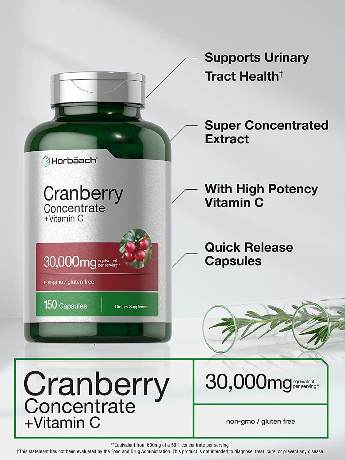 Horbaach Cranberry (30,000 mg) + Vitamin C 150 Capsules | Triple Strength Ultimate Potency | Non-GMO, Gluten Free Cranberry Pills Supplement from Concentrate Extract