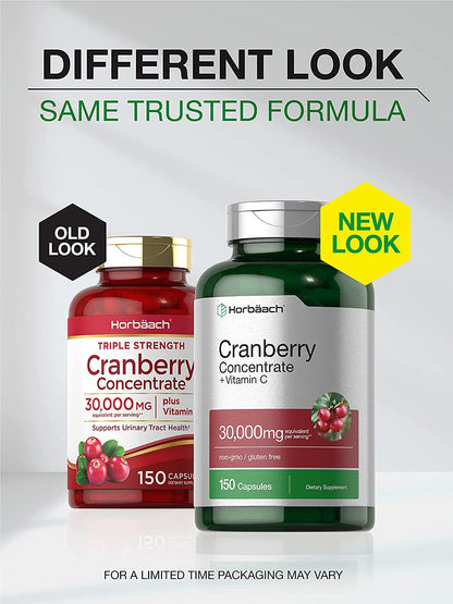 Horbaach Cranberry (30,000 mg) + Vitamin C 150 Capsules | Triple Strength Ultimate Potency | Non-GMO, Gluten Free Cranberry Pills Supplement from Concentrate Extract