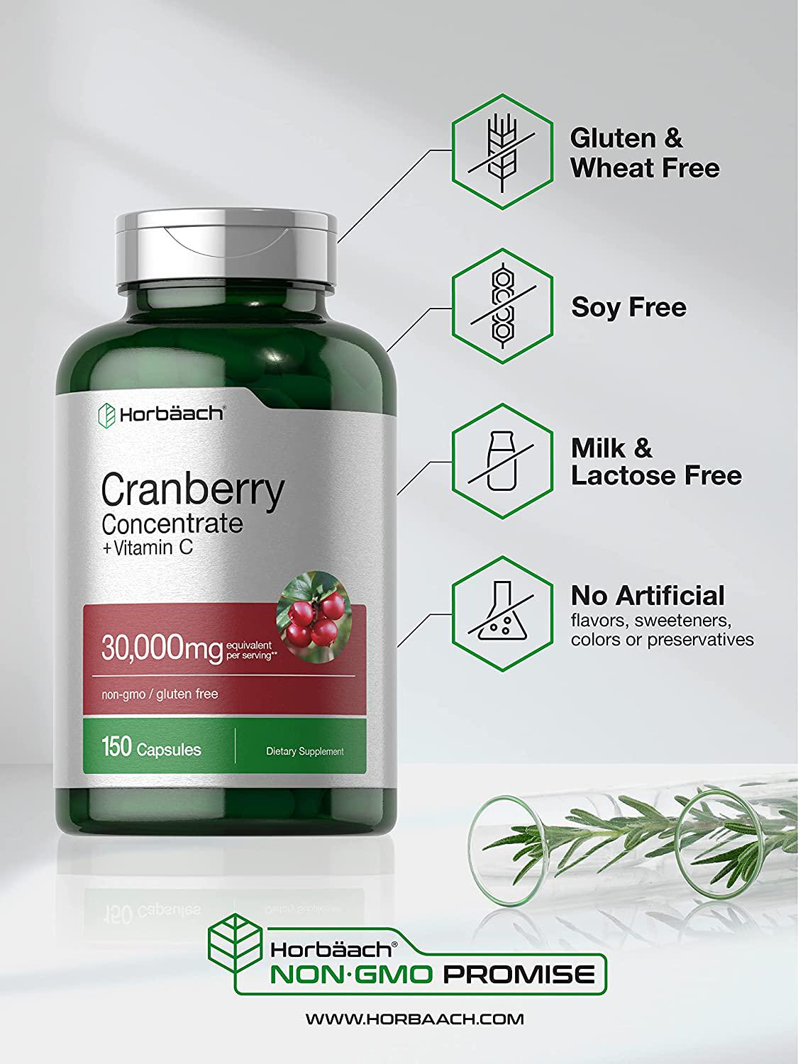 Horbaach Cranberry (30,000 mg) + Vitamin C 150 Capsules | Triple Strength Ultimate Potency | Non-GMO, Gluten Free Cranberry Pills Supplement from Concentrate Extract