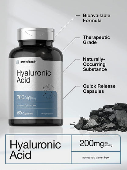 Horbaach Hyaluronic Acid 200 mg 150 Capsules | Supports Joint and Skin Hydration | Non-GMO and Gluten Free Supplement