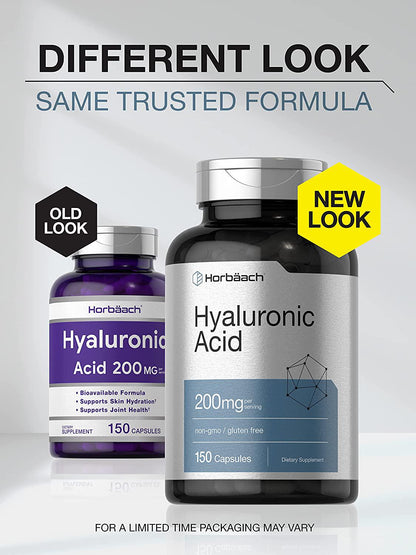 Horbaach Hyaluronic Acid 200 mg 150 Capsules | Supports Joint and Skin Hydration | Non-GMO and Gluten Free Supplement