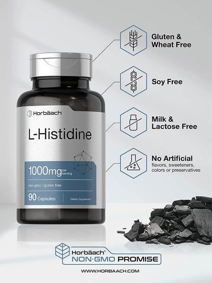 Horbaach L-Histidine 1000mg 60 Capsules | Non-GMO and Gluten Free | Pharmaceutical Grade