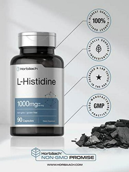 Horbaach L-Histidine 1000mg 60 Capsules | Non-GMO and Gluten Free | Pharmaceutical Grade