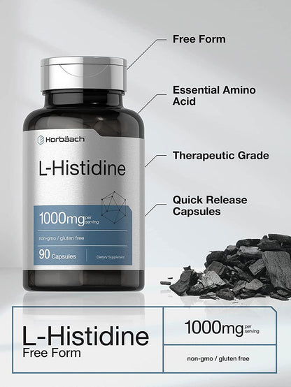 Horbaach L-Histidine 1000mg 60 Capsules | Non-GMO and Gluten Free | Pharmaceutical Grade