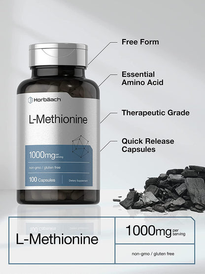 Horbaach L Methionine 1000 mg | 100 Capsules | Non-GMO, Gluten Free | Free Form Supplement