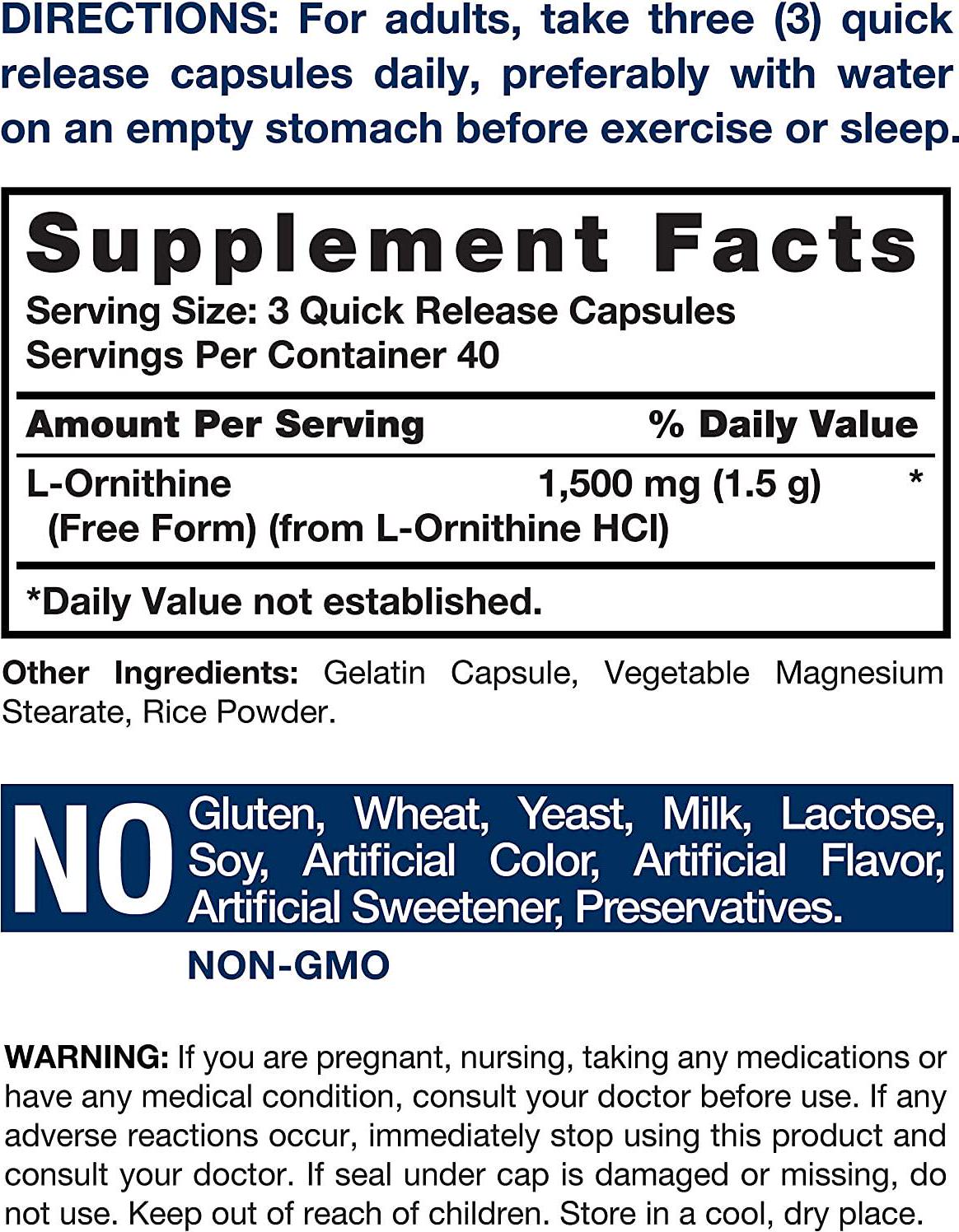 Horbaach L Ornithine 1500 mg | 120 Capsules | Non-GMO, Gluten Free | Free Form L-Ornithine