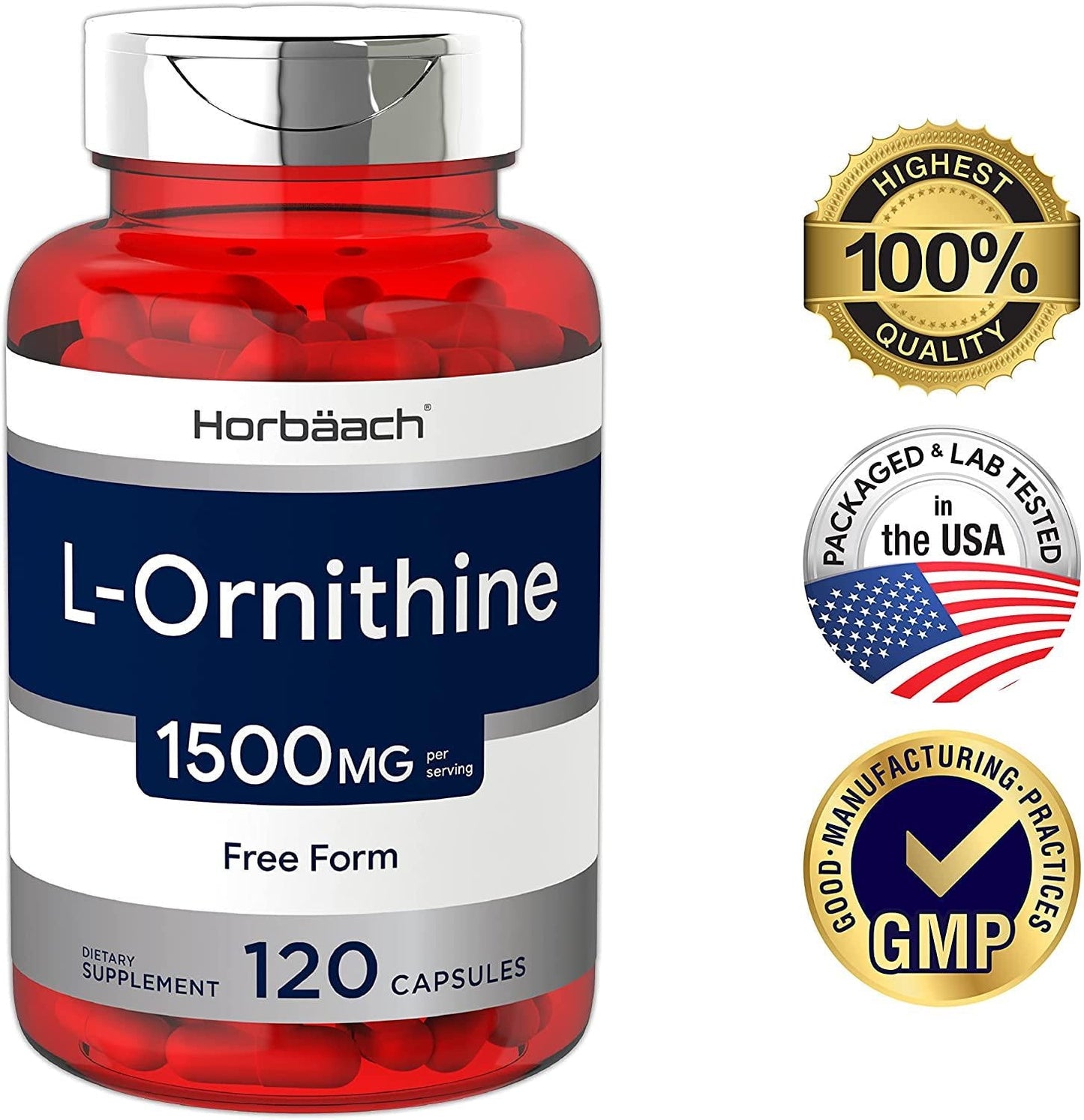 Horbaach L Ornithine 1500 mg | 120 Capsules | Non-GMO, Gluten Free | Free Form L-Ornithine