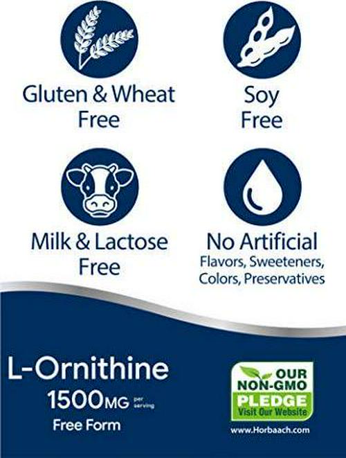 Horbaach L Ornithine 1500 mg | 120 Capsules | Non-GMO, Gluten Free | Free Form L-Ornithine