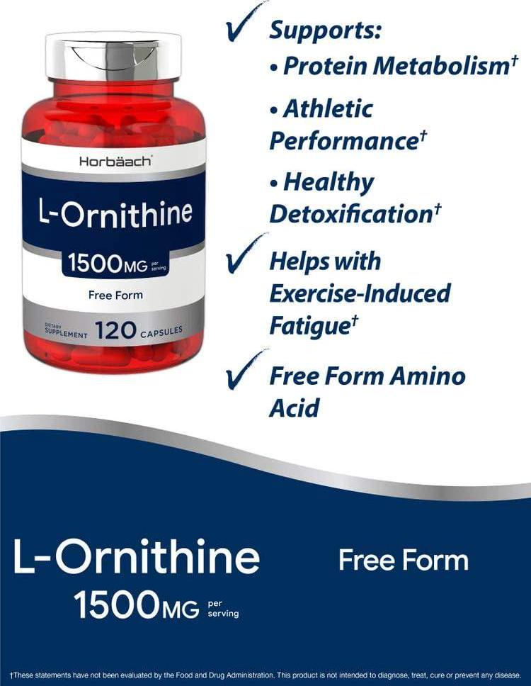 Horbaach L Ornithine 1500 mg | 120 Capsules | Non-GMO, Gluten Free | Free Form L-Ornithine
