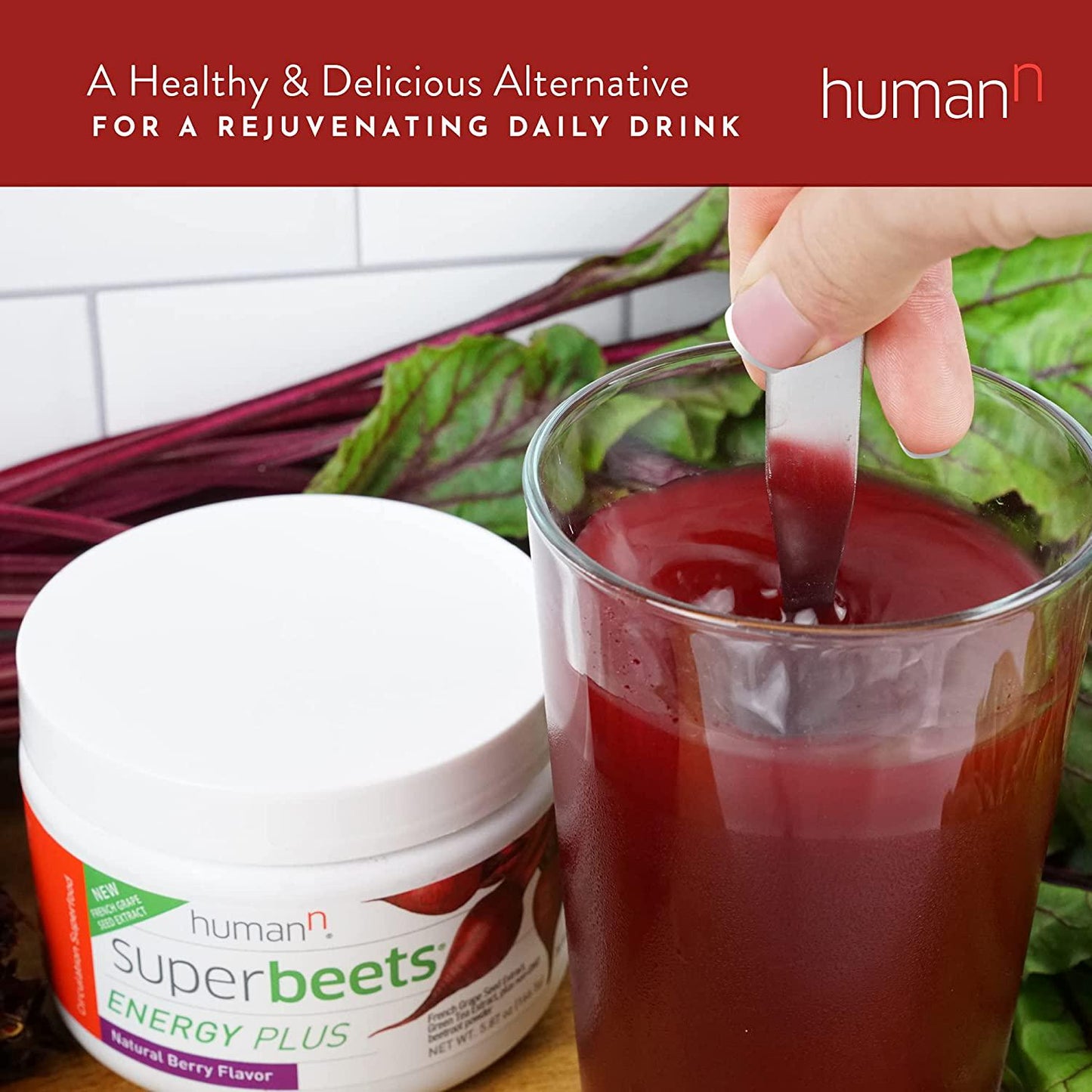 HumanN SuperBeets Energy Plus with Grape Seed Extract | Concentrated Non-GMO Beetroot Supplement with Green Tea Extract, 80mg Caffeine per Serving, Vitamin C, Natural Berry Flavor, 5.87oz