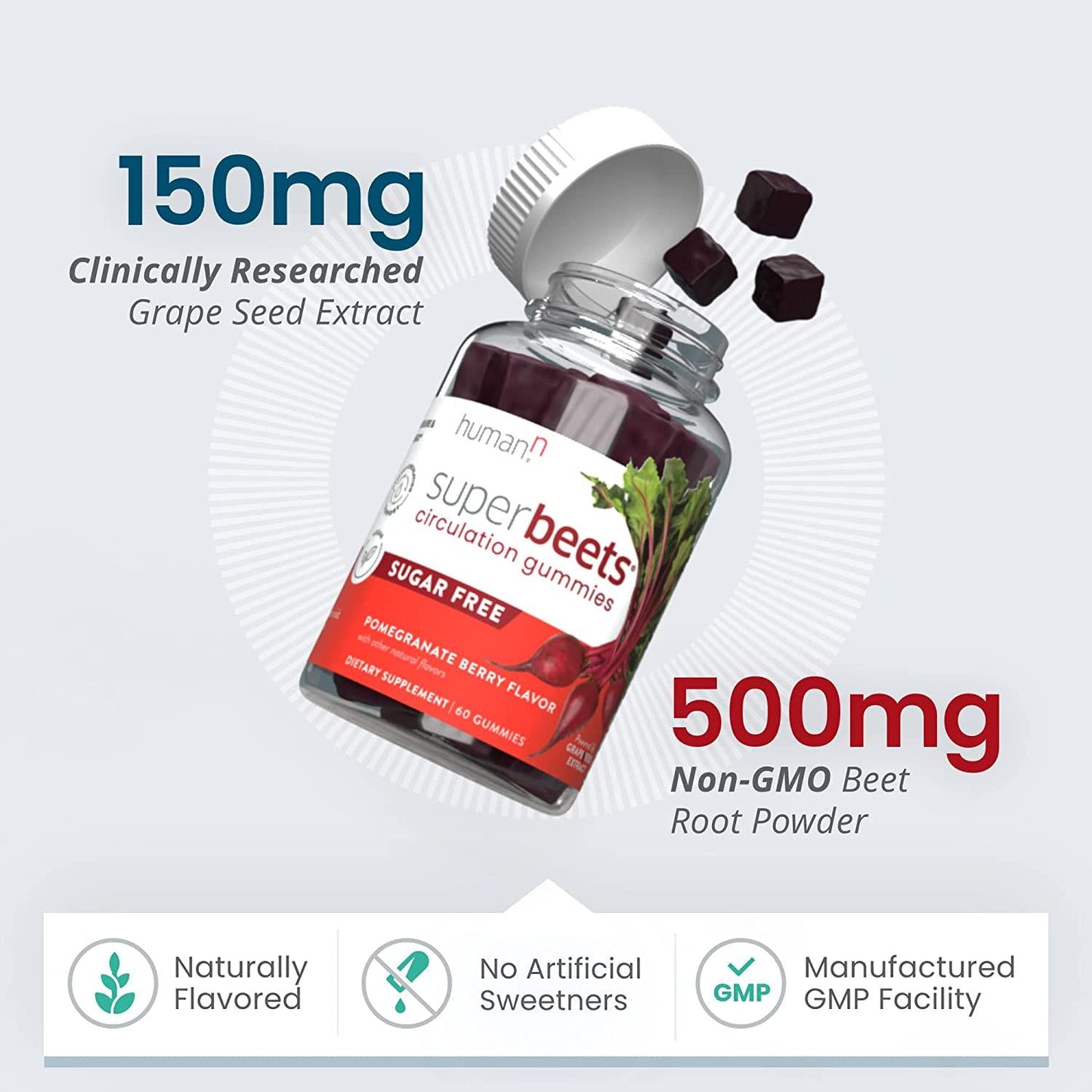 HumanN SuperBeets Sugar-Free Nitric Oxide Circulation Gummies - Daily Blood Pressure Support for Heart Health - Grape Seed Extract and Non-GMO Beet Energy Gummies - Pomegranate Berry Flavor, 60 Count