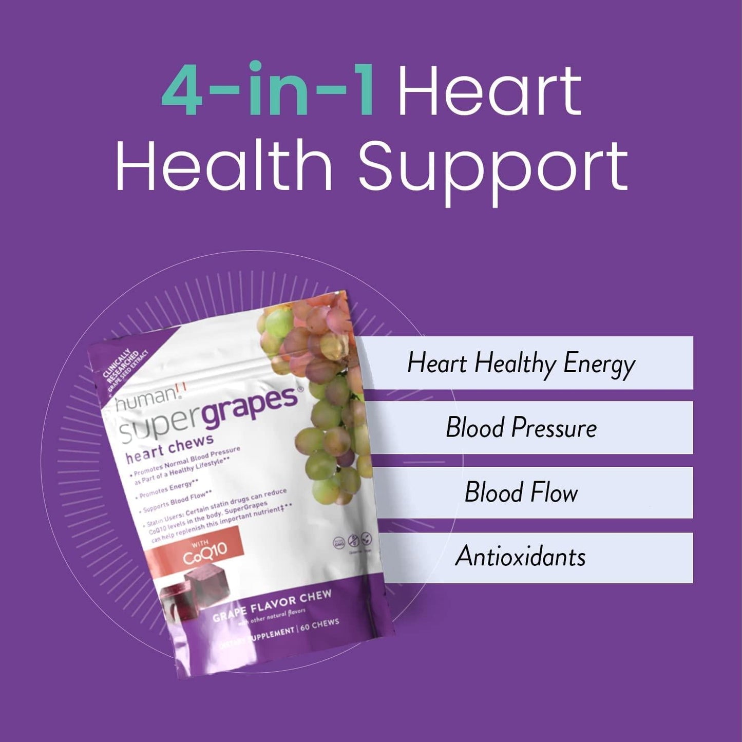 HumanN SuperGrapes Chews | Grape Seed Extract and Vitamin B12 chew on-The-go Breakthrough in Dual-Acting Blood Pressure and Energy Support, Grape Flavor, 60-Count, from The Makers of SuperBeets