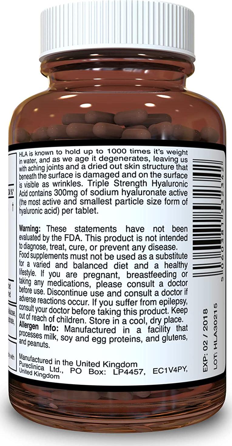 Hyaluronic Acid 300mg x 360 Tablets (2 Bottles Each with 180 Tablets - 6 Months Supply). Triple Strength Hyaluronic Acid. 300% Stronger Than Any Other HLA Tablet. SKU: HLA3x2