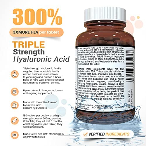 Hyaluronic Acid 300mg x 360 Tablets (2 Bottles Each with 180 Tablets - 6 Months Supply). Triple Strength Hyaluronic Acid. 300% Stronger Than Any Other HLA Tablet. SKU: HLA3x2
