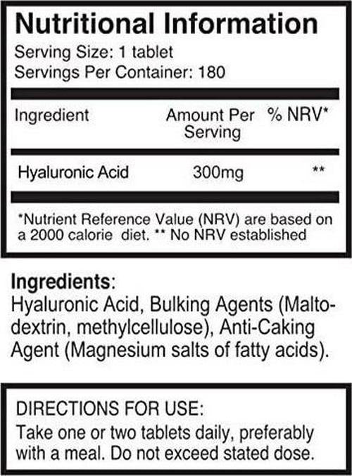 Hyaluronic Acid 300mg x 360 Tablets (2 Bottles Each with 180 Tablets - 6 Months Supply). Triple Strength Hyaluronic Acid. 300% Stronger Than Any Other HLA Tablet. SKU: HLA3x2