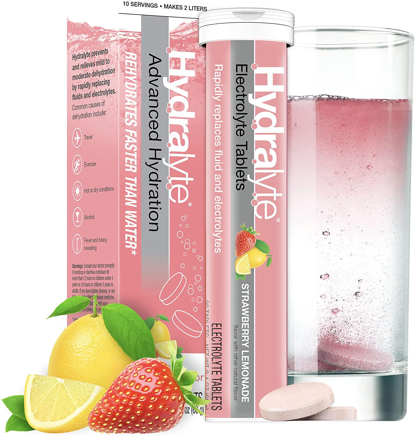 Hydralyte Electrolyte Tablets | Strawberry Lemonade Electrolytes | for Bachelorette Parties, Workout Essential and A Travel Essential for Daily Hydration Needs | (10 Servings, 20 Electrolyte Tablets)