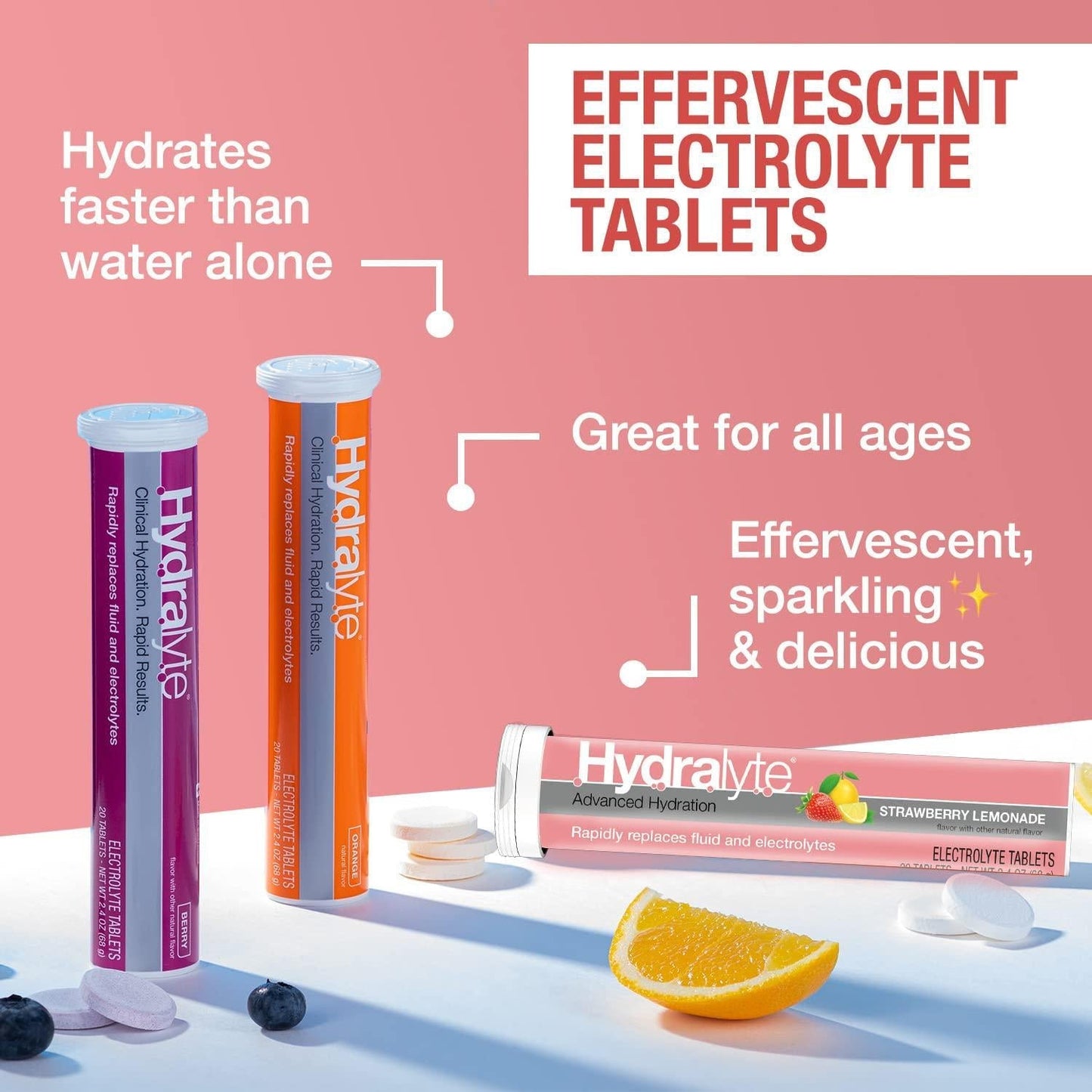 Hydralyte Electrolyte Tablets | Strawberry Lemonade Electrolytes | for Bachelorette Parties, Workout Essential and A Travel Essential for Daily Hydration Needs | (10 Servings, 20 Electrolyte Tablets)