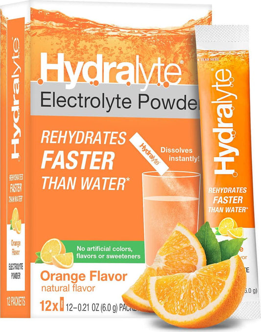 Hydralyte Electrolyte Hydration Powder Packets | Lightly Sparkling | Single Serve Powder Drink Mix for Workout, Cold and Flu, Late Night Recovery | Non-GMO, Instant Dissolve | All Natural Orange, 12 ct