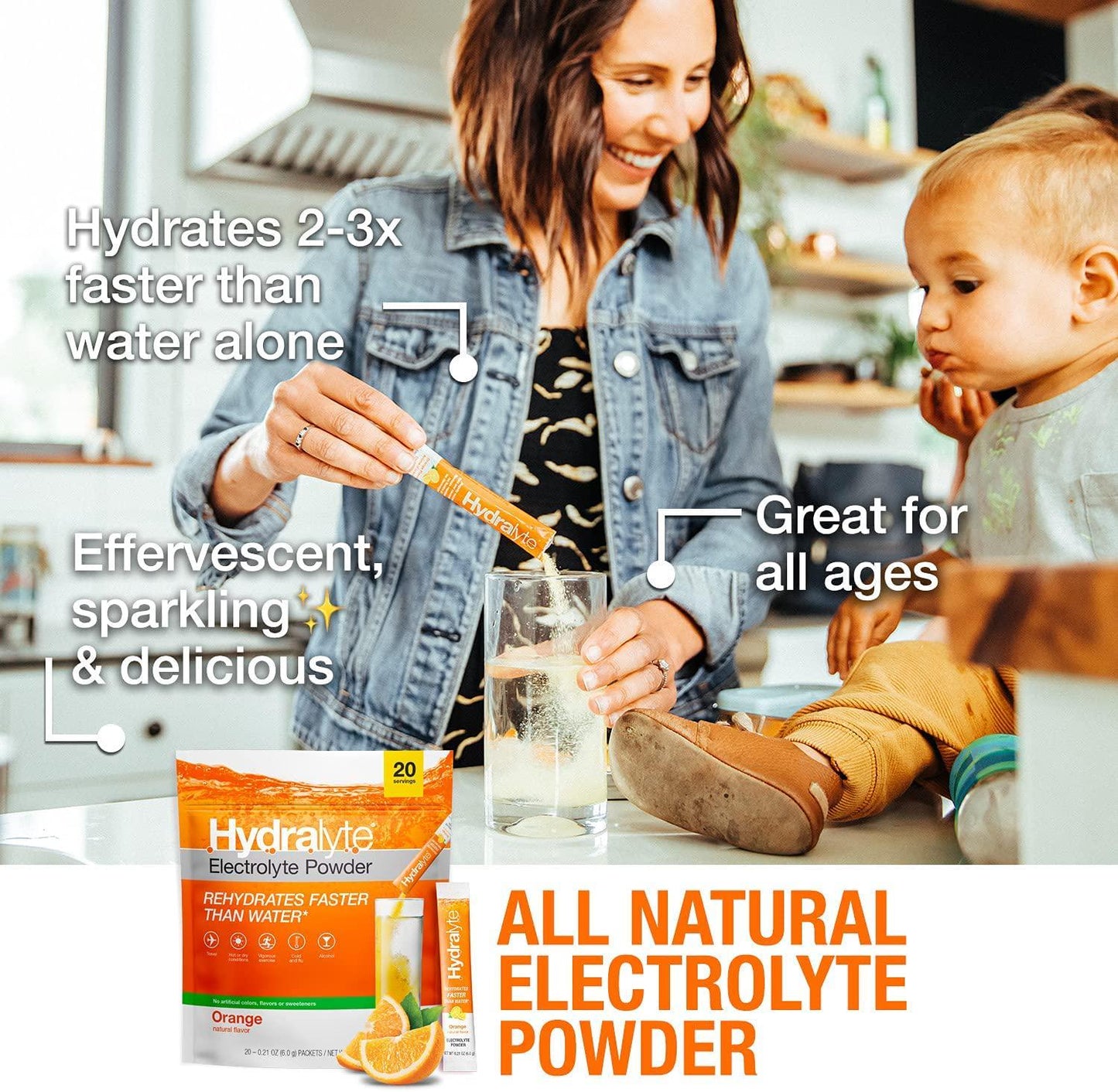 Hydralyte Electrolyte Hydration Powder Packets | Lightly Sparkling | Single Serve Powder Drink Mix for Workout, Cold and Flu, Late Night Recovery | Non-GMO, Instant Dissolve | All Natural Orange, 12 ct